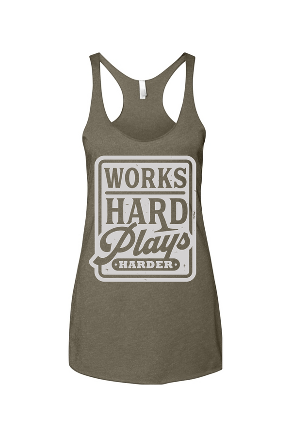Green tank top with 'Works Hard Plays Harder' text on a white background