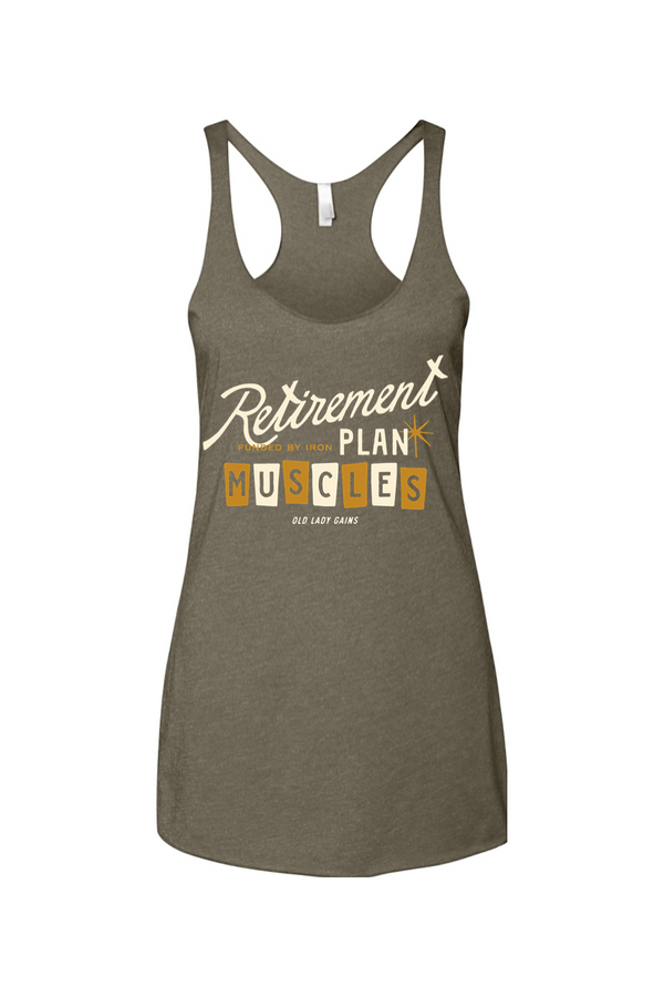 Women over 40 wearing “Retirement Plan: Muscles” fitness tank, strength training for bone density, active aging, weight lifting apparel for strong midlife women.