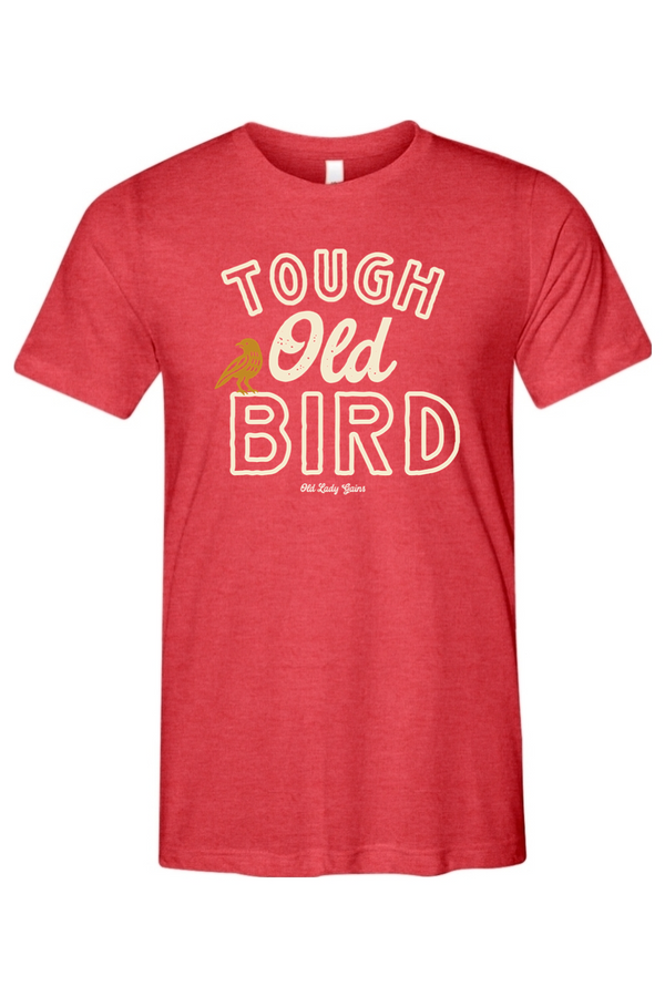 Red t-shirt with 'Tough Old Bird' text and graphic on a white background