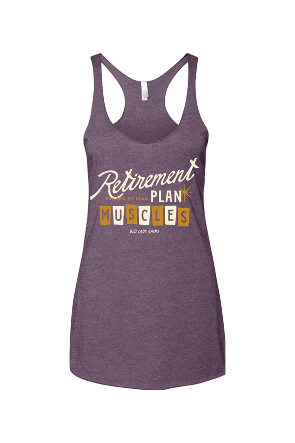 Women over 40 wearing “Retirement Plan: Muscles” fitness tank, strength training for bone density, active aging, weight lifting apparel for strong midlife women.