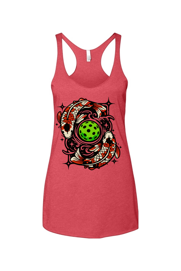 Red tank top with a colorful koi fish swimming around a pickleball design on a white background