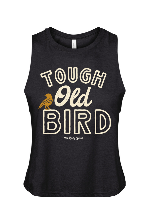 Black tank top with 'Tough Old Bird' text and a bird graphic on a white background