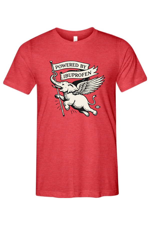 Red t-shirt with a graphic of an elephant holding a banner that says 'Powered by Ibuprofen' on a white background.