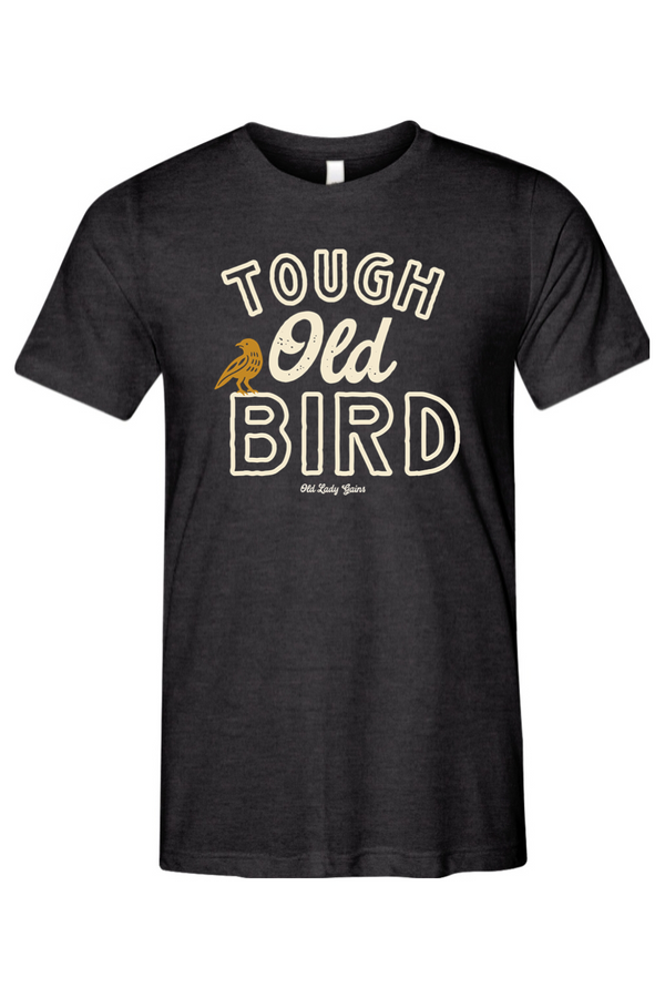 Black t-shirt with 'Tough Old Bird' text and graphic on a white background