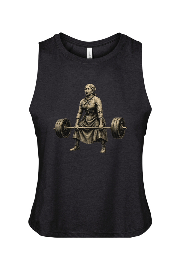 Black tank top with a vintage-style graphic of a woman lifting weights on a white background