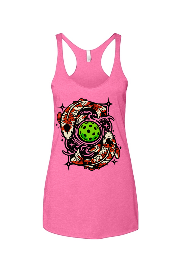 Pink tank top with a colorful koi fish swimming around a pickleball design on a white background