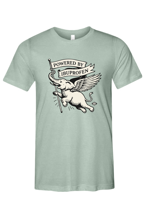 Light green t-shirt with a graphic of an elephant holding a banner that says 'Powered by Ibuprofen' on a white background.