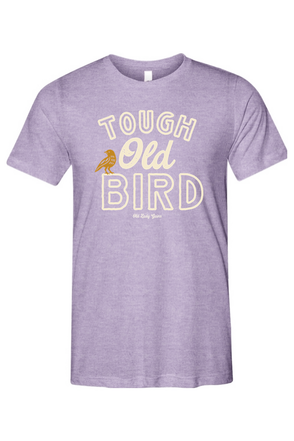 Purple t-shirt with 'Tough Old Bird' text and graphic on a white background
