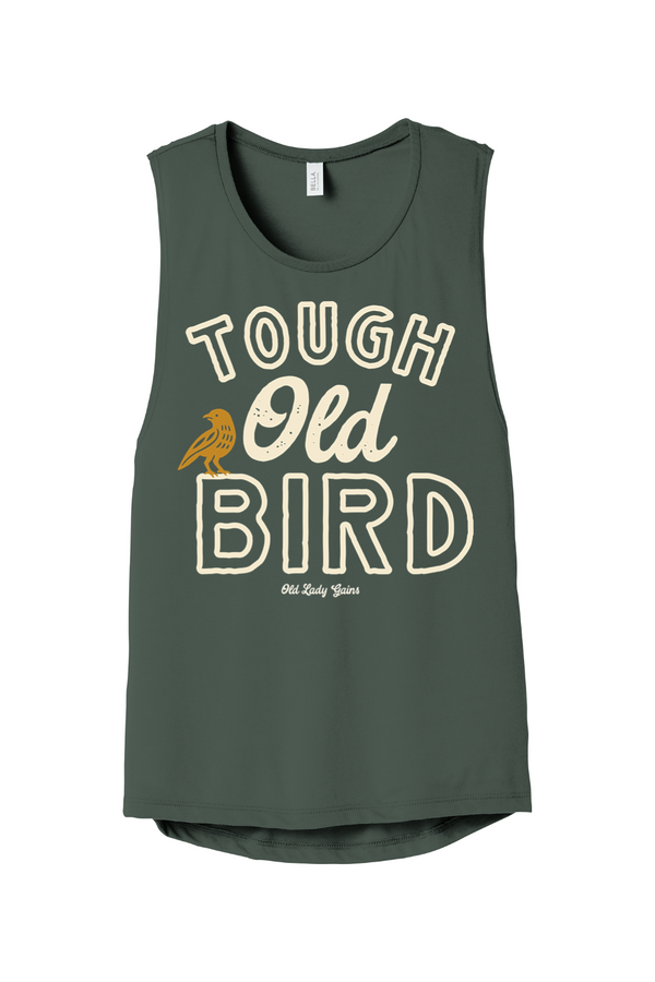 Vintage Tough Old Bird graphic shirt for strong women over 40 featuring bold lettering and small bird illustration in retro style.