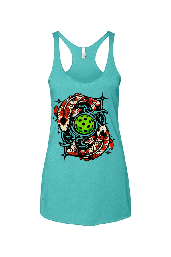 Turquoise tank top with colorful koi fish swimming around a green pickleball design on a white background