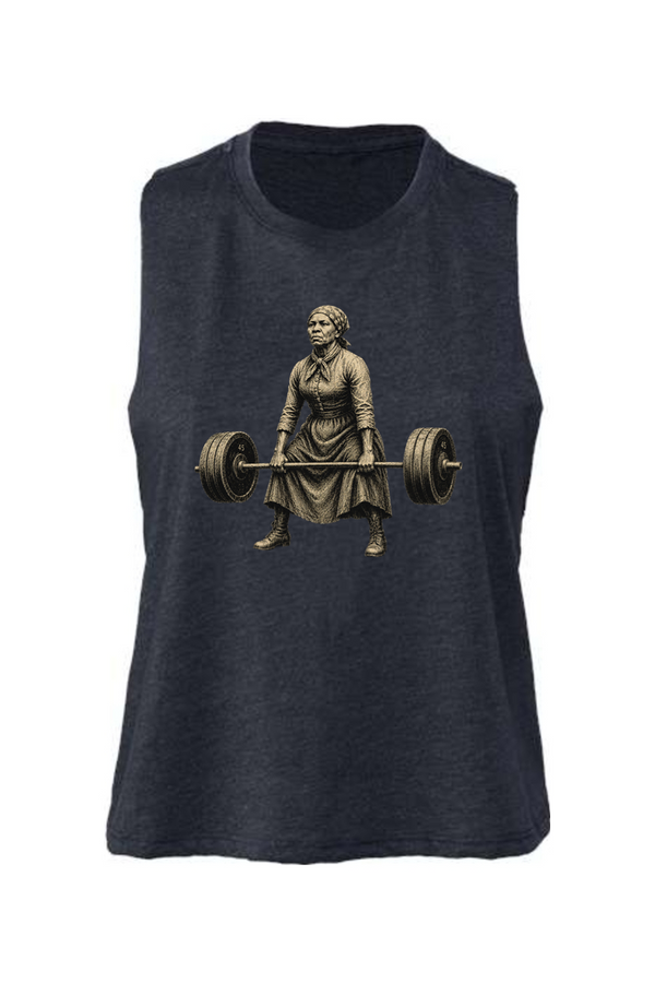 Black sleeveless shirt with a bronze statue graphic of a woman lifting weights on a white background