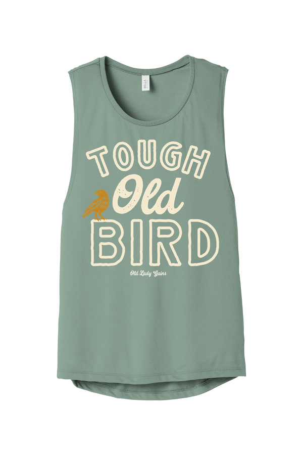 Vintage Tough Old Bird graphic shirt for strong women over 40 featuring bold lettering and small bird illustration in retro style.