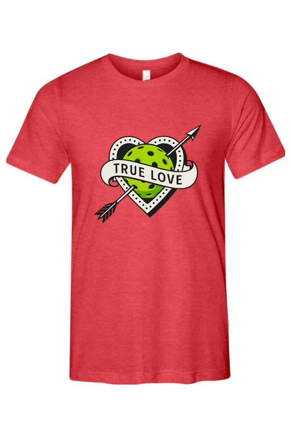Pickleball graphic with a tattoo-style heart pierced by an arrow and a bright green pickleball with the text “True Love.”