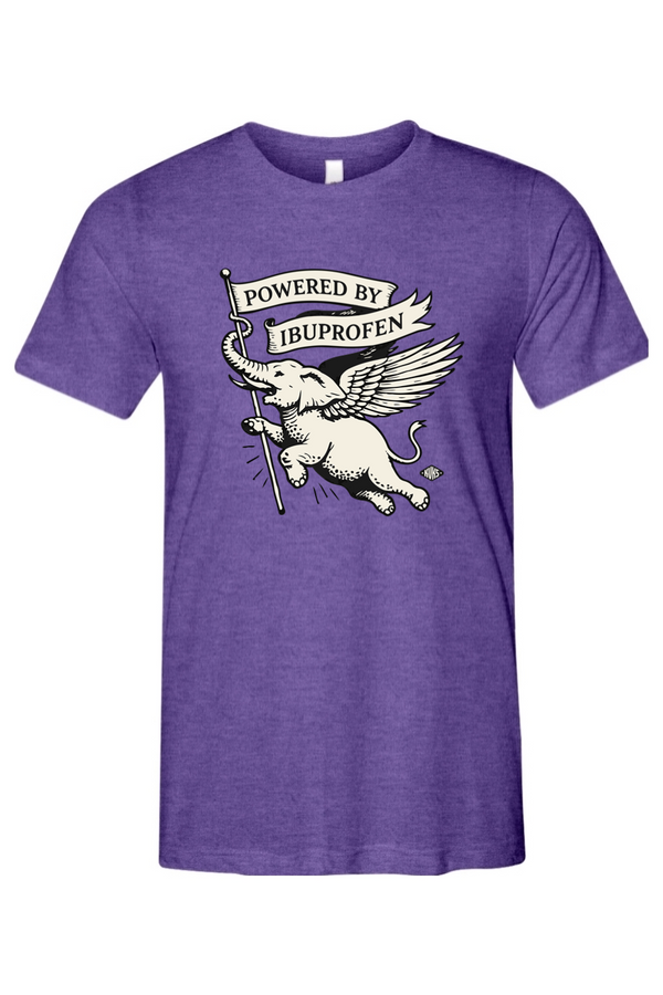 Purple t-shirt with a graphic of an elephant holding a banner that says 'Powered by Ibuprofen' on a white background.