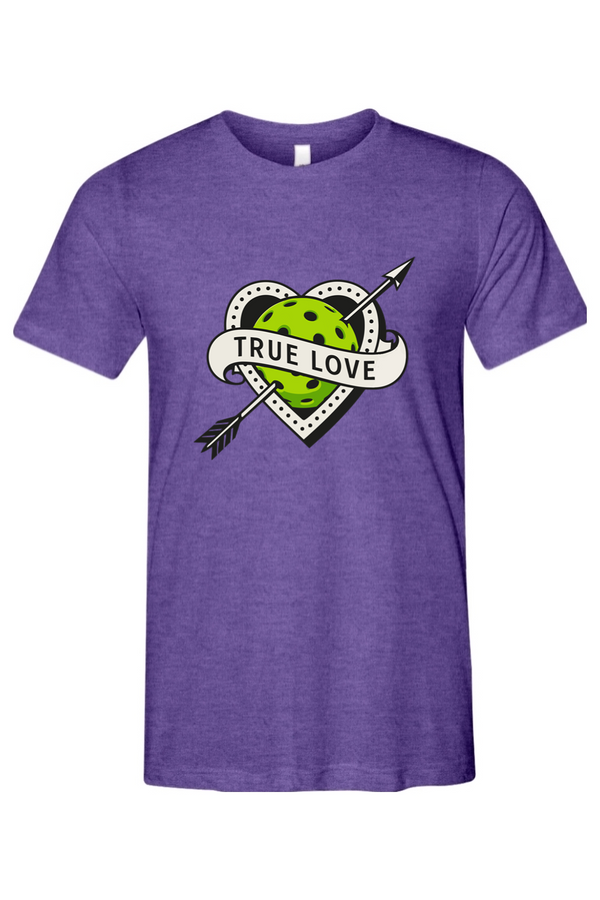 Pickleball graphic with a tattoo-style heart pierced by an arrow and a bright green pickleball with the text “True Love.”