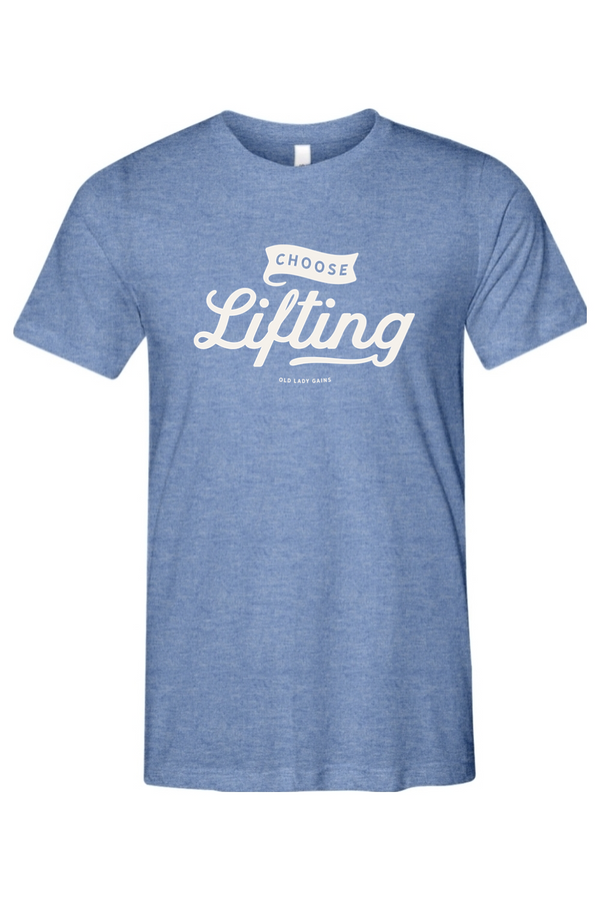Blue t-shirt with 'Choose Lifting' text on a white background