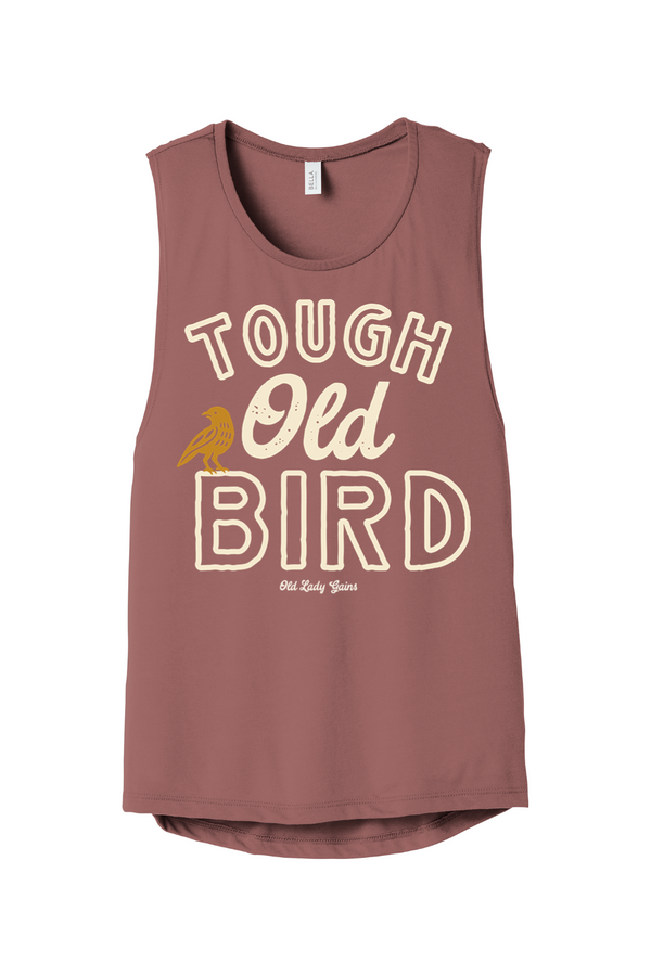 Vintage Tough Old Bird graphic shirt for strong women over 40 featuring bold lettering and small bird illustration in retro style.