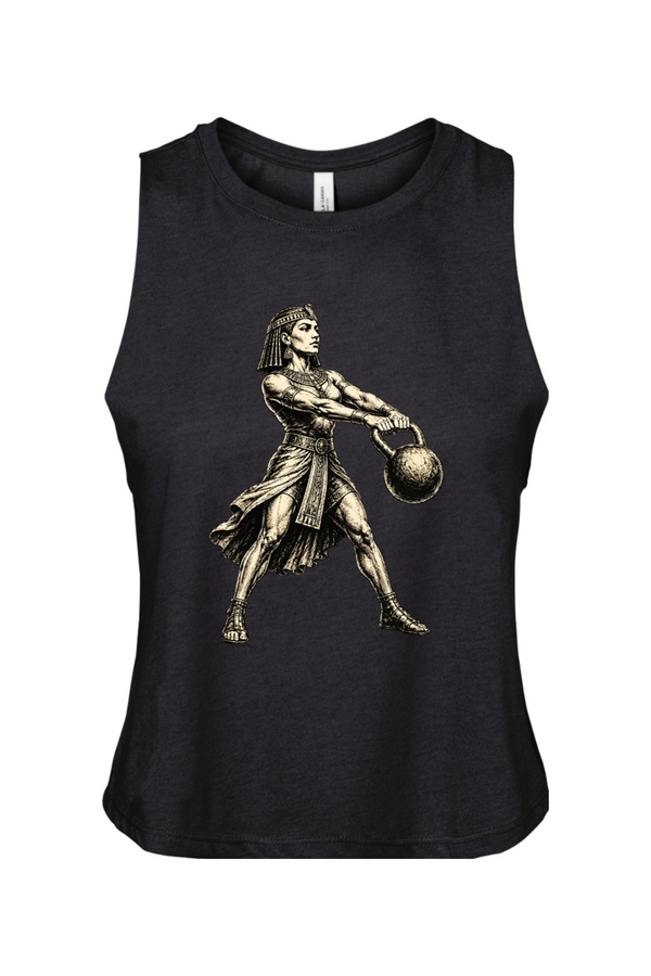 Black tank top with a graphic of a warrior holding a sphere on a white background