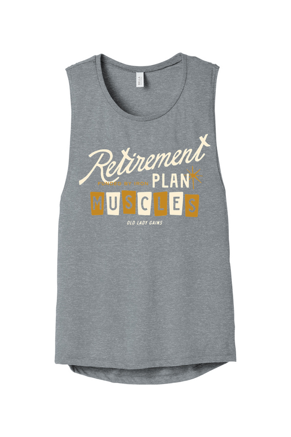 Gray tank top with humorous Retirement Plan Muscles graphic on a white background