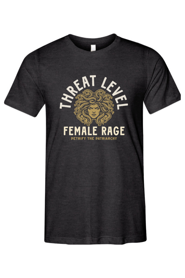 Black t-shirt with graphic design of medusa and says threat level female rage petrify the patriarchy on a white background