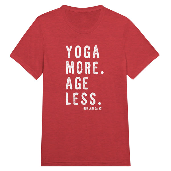 Empowering fitness red t-shirt for women over 40 featuring the slogan “Yoga More. Age Less.”