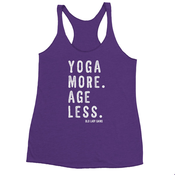 Soft lightweight triblend tank top promoting healthy aging through yoga, movement, and strength training.