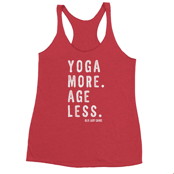 Soft lightweight triblend tank top promoting healthy aging through yoga, movement, and strength training.