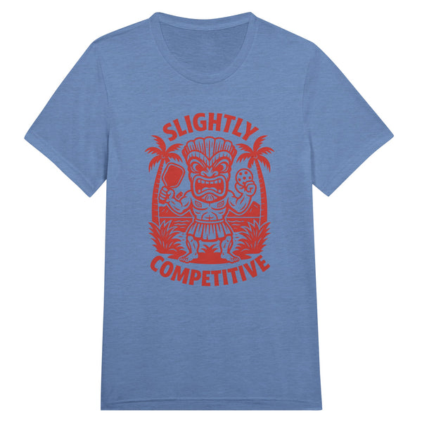 Blue pickleball t-shirt with red graphic and text 'Slightly Competitive' on a white background