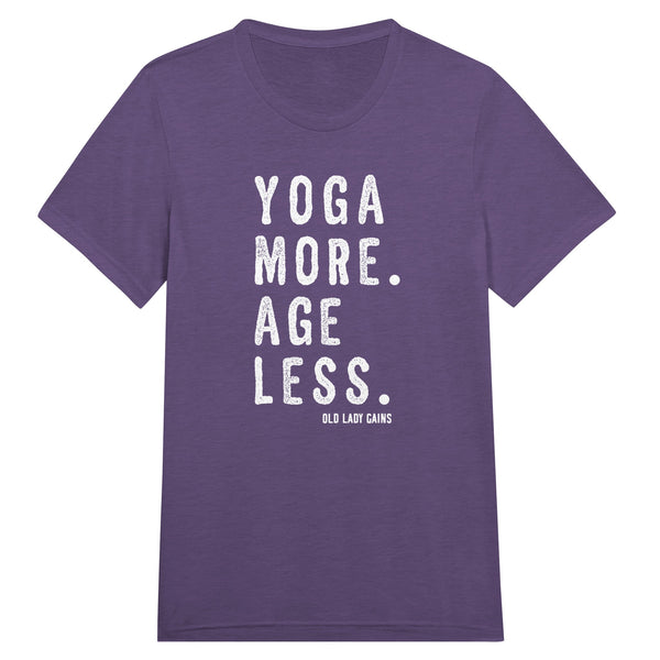 Empowering fitness purple t-shirt for women over 40 featuring the slogan “Yoga More. Age Less.”