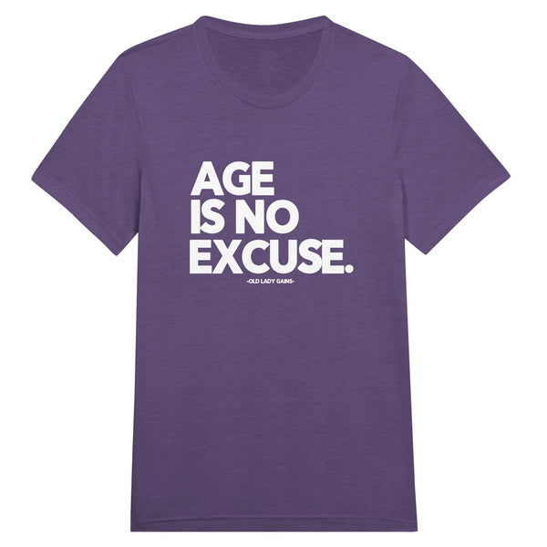 Front view of Age Is No Excuse triblend unisex t-shirt by Old Lady Gains, soft athletic fit in tri-blend purple.