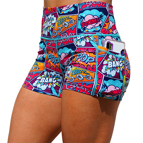 CVG - High Waist Running Shorts | Knockout - Fun Prints & Pockets - Crossfit, Hiking, Yoga Workout Sets - L