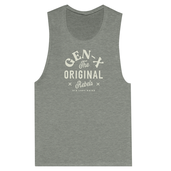 Grey tank top with beige text that reads Gen-X The Original Rebels from Old Lady Gains