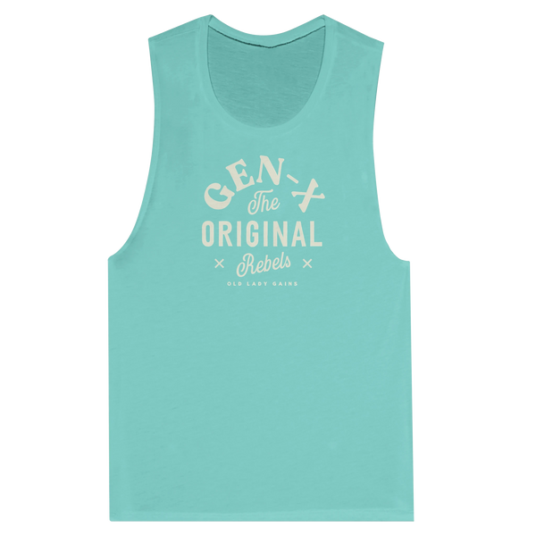 Mint green tank top with beige text that reads Gen-X The Original Rebels from Old Lady Gains