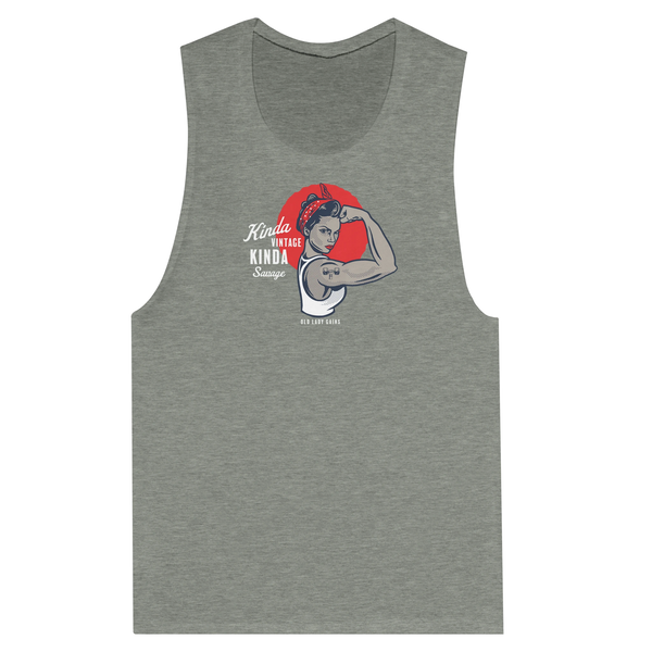 Gray tank top with an Old Lady Gains Rosie graphic design