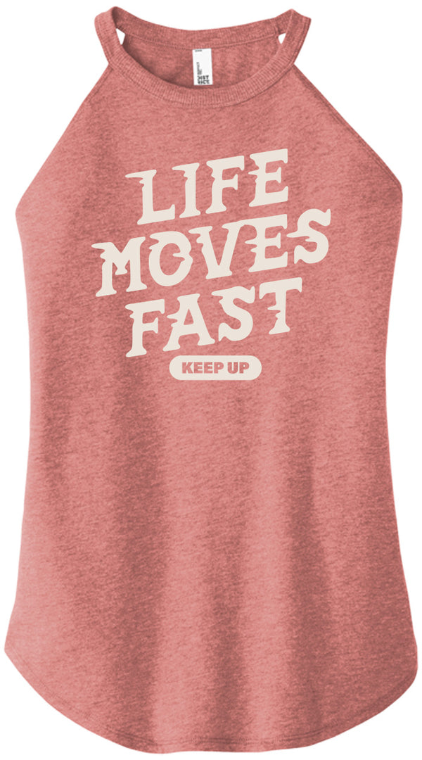 Front view of Life Moves Fast Keep Up triblend t-shirt by Old Lady Gains, heather blush athletic fit.