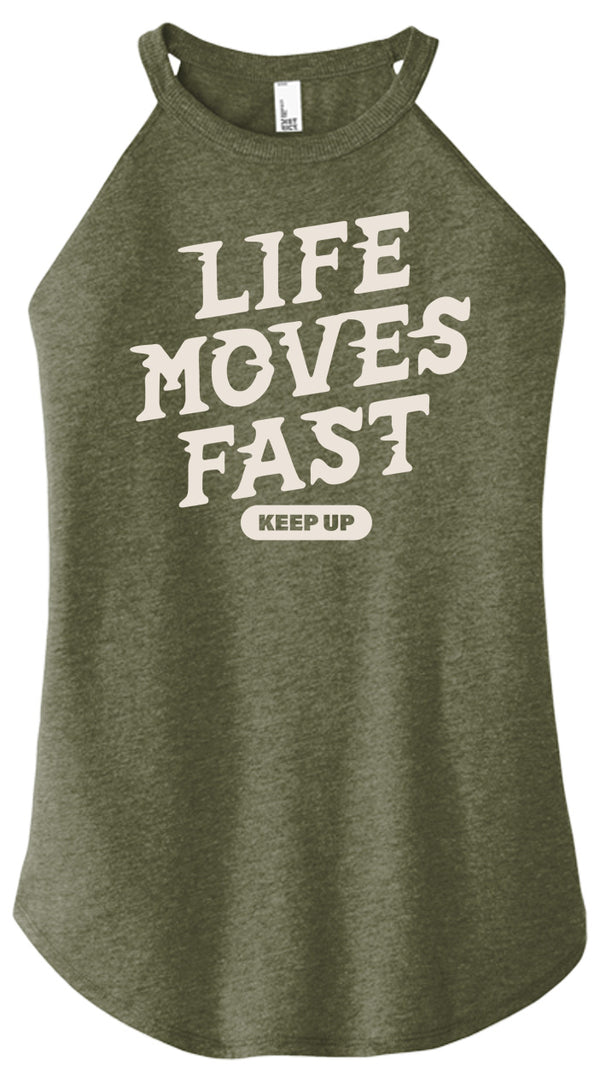 Front view of Life Moves Fast Keep Up triblend t-shirt by Old Lady Gains, heather green athletic fit.