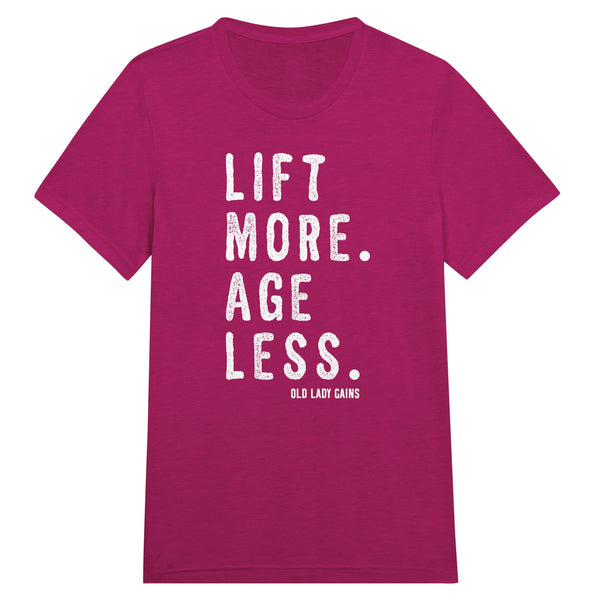 Front view of Lift More Age Less triblend unisex t-shirt by Old Lady Gains, soft athletic fit in berry.
