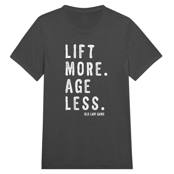 Front view of Lift More Age Less triblend unisex t-shirt by Old Lady Gains, soft athletic fit in charcoal black.