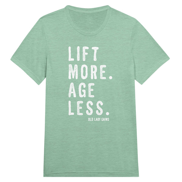 Front view of Lift More Age Less triblend unisex t-shirt by Old Lady Gains, soft athletic fit in mint.