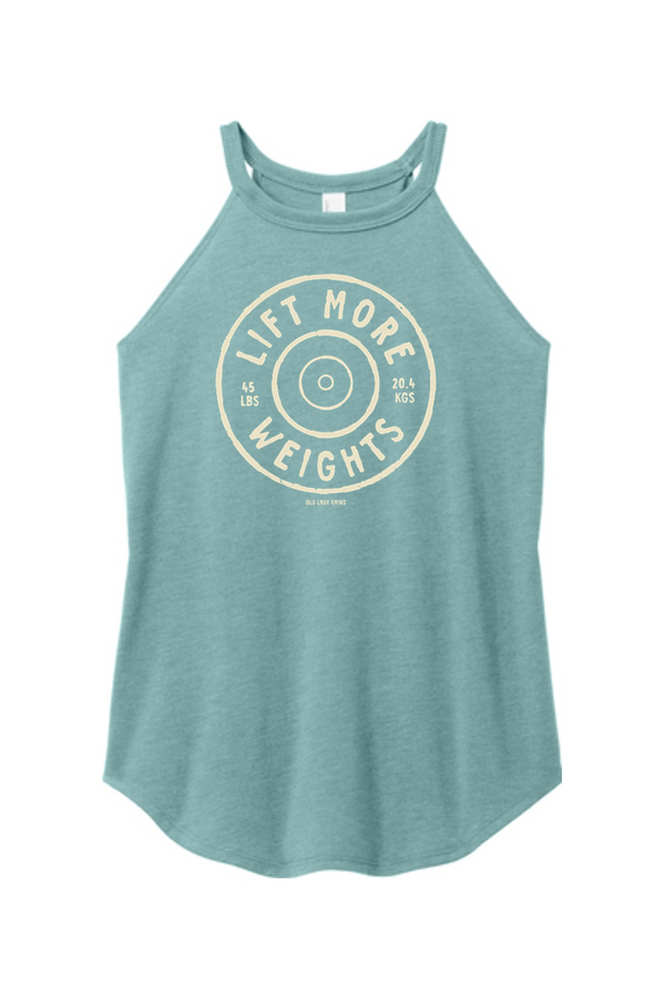 Teal tank top with 'Lift More Weights' graphic on a white background