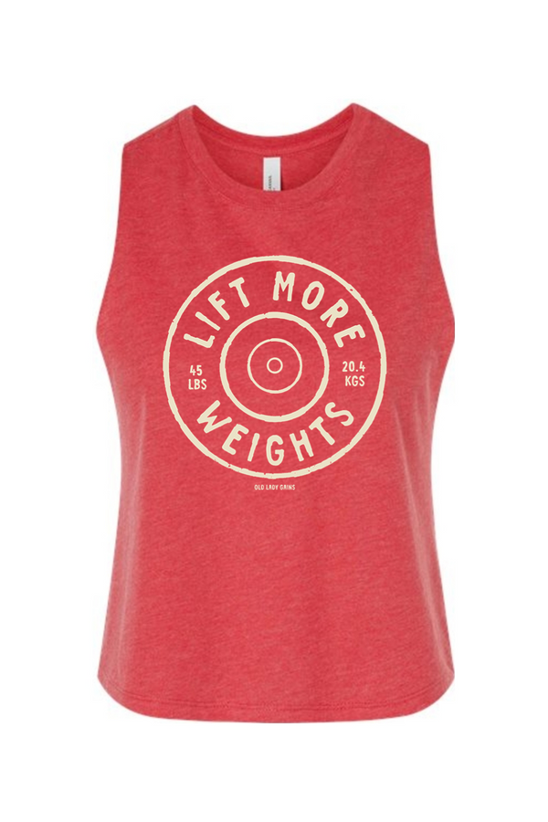 Red tank top with 'Lift More Weights' text on a white background