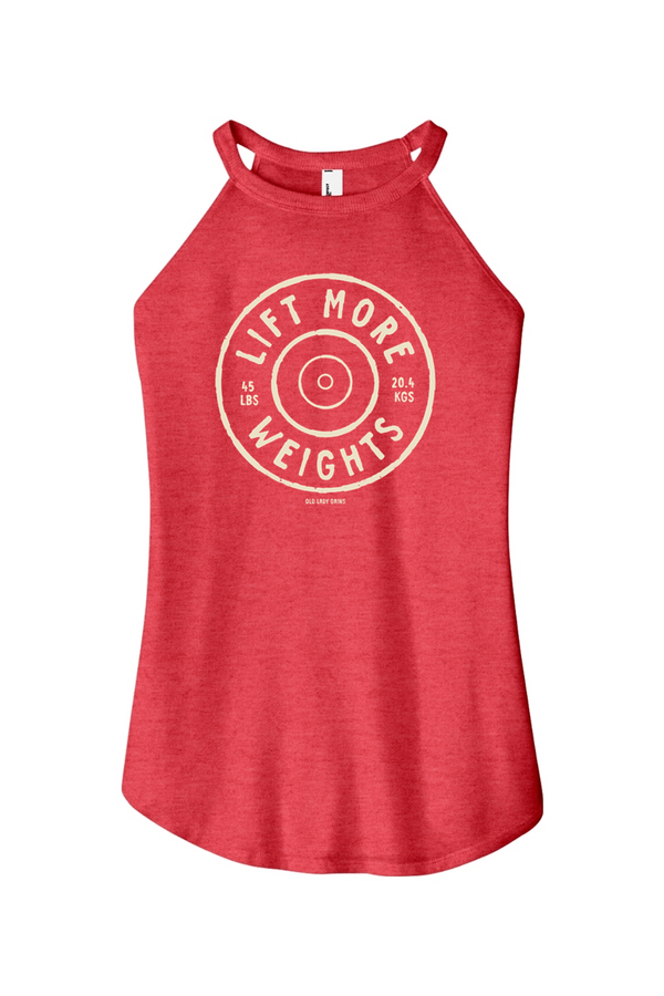 Red tank top with 'Lift More Weights' text on a white background