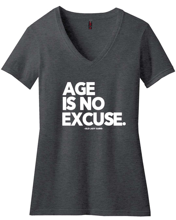 No Excuses V-Neck Tee for women over 40 – age empowering workout apparel