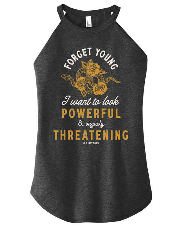 Product image of 'Powerful & Vaguely Threatening' halter tank – activewear for strong, confident women