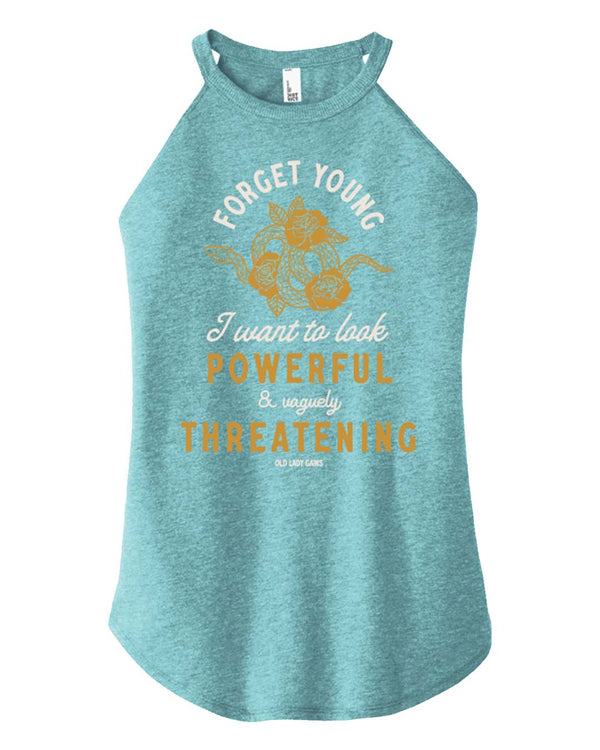 Product image of 'Powerful & Vaguely Threatening' halter tank – activewear for strong, confident women