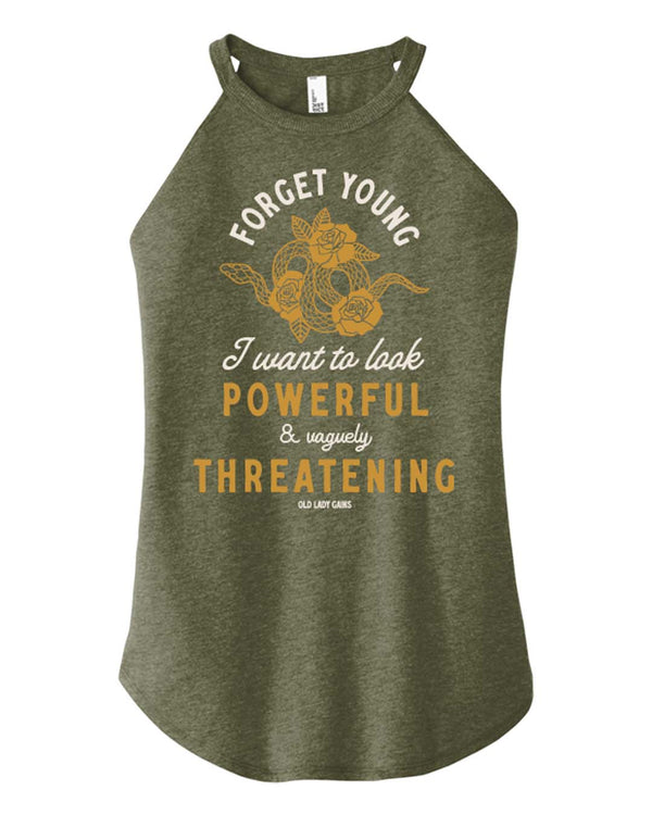 Product image of 'Powerful & Vaguely Threatening' halter tank – activewear for strong, confident women