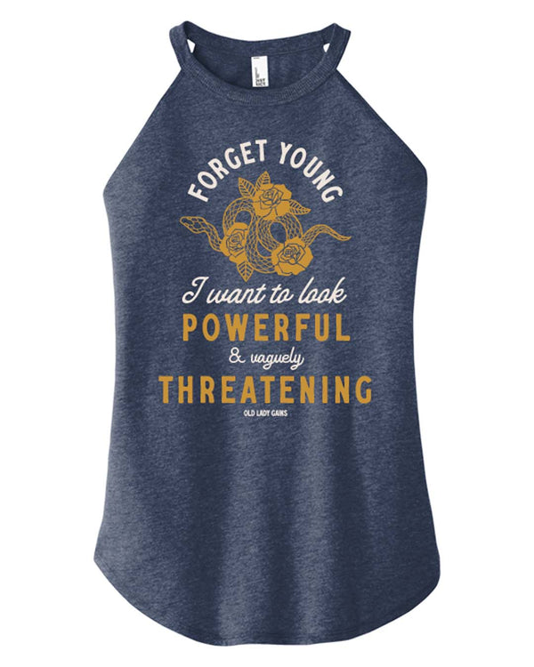 Product image of 'Powerful & Vaguely Threatening' halter tank – activewear for strong, confident women