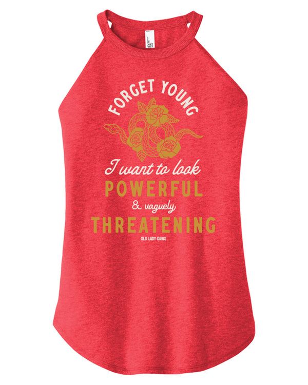 Product image of 'Powerful & Vaguely Threatening' halter tank – activewear for strong, confident women