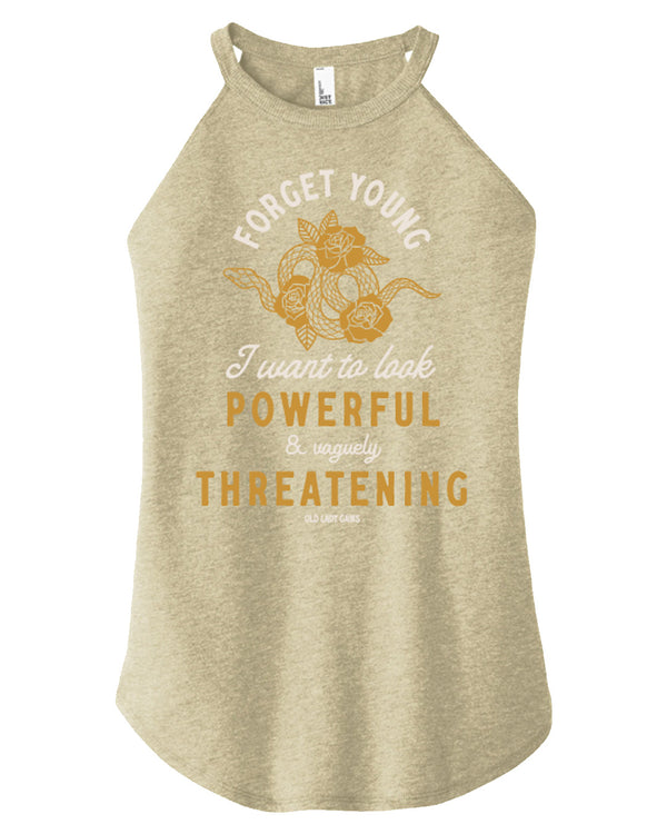 Product image of 'Powerful & Vaguely Threatening' halter tank – activewear for strong, confident women