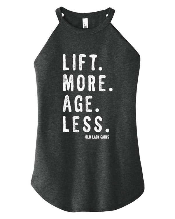 Front view of 'Lift More Age Less' halter tank – empowering activewear for women over 40